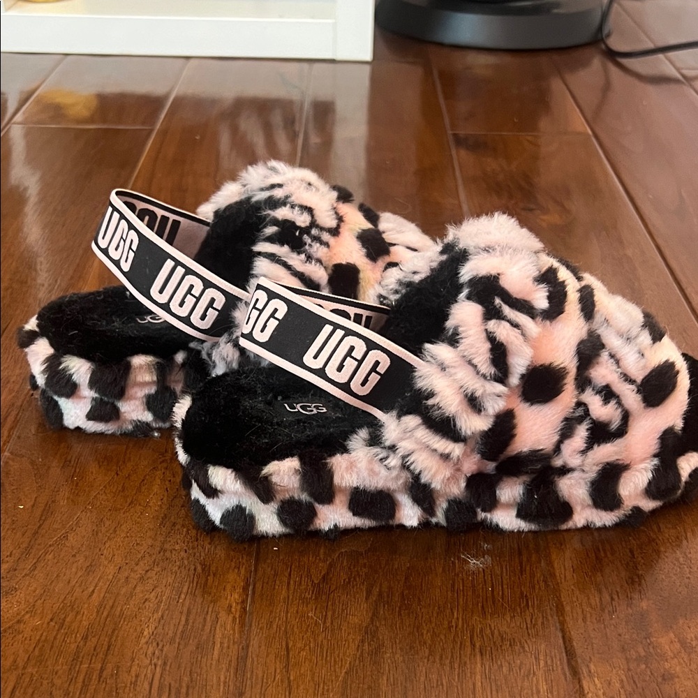 UGG Black and Pink Fuzzy Slippers